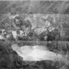 Historical black and white photograph showing men gathered around a table examining a deceased person during what appears to be a medical or forensic procedure.