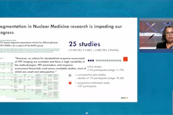 Research presentation on nuclear medicine fragmentation showing 25 studies with PET imaging criteria analysis and expert interview