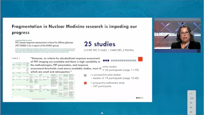 Research presentation on nuclear medicine fragmentation showing 25 studies with PET imaging criteria analysis and expert interview