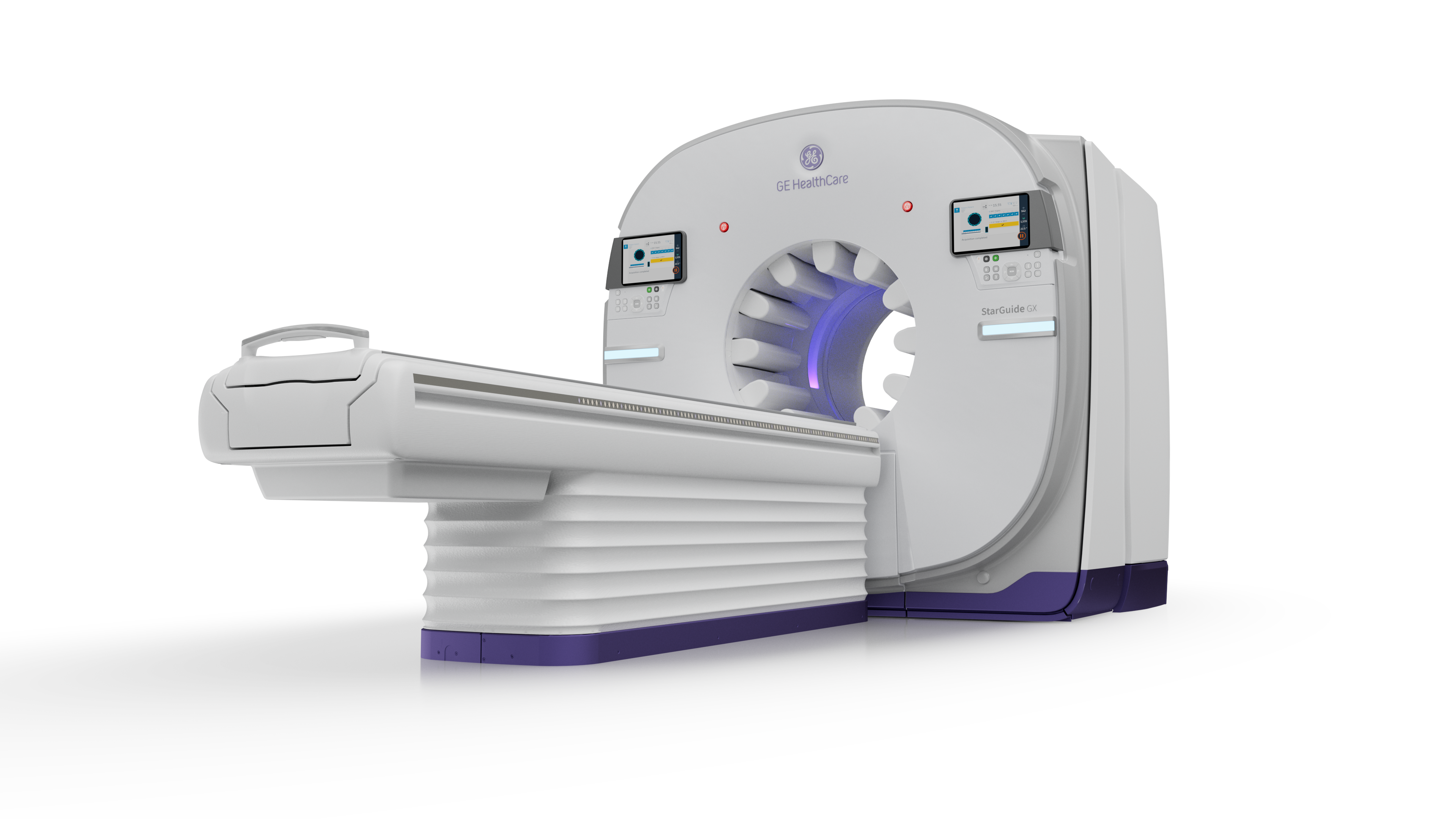 GE HealthCare CT scanner with gray housing, purple accent ring, and sliding patient table