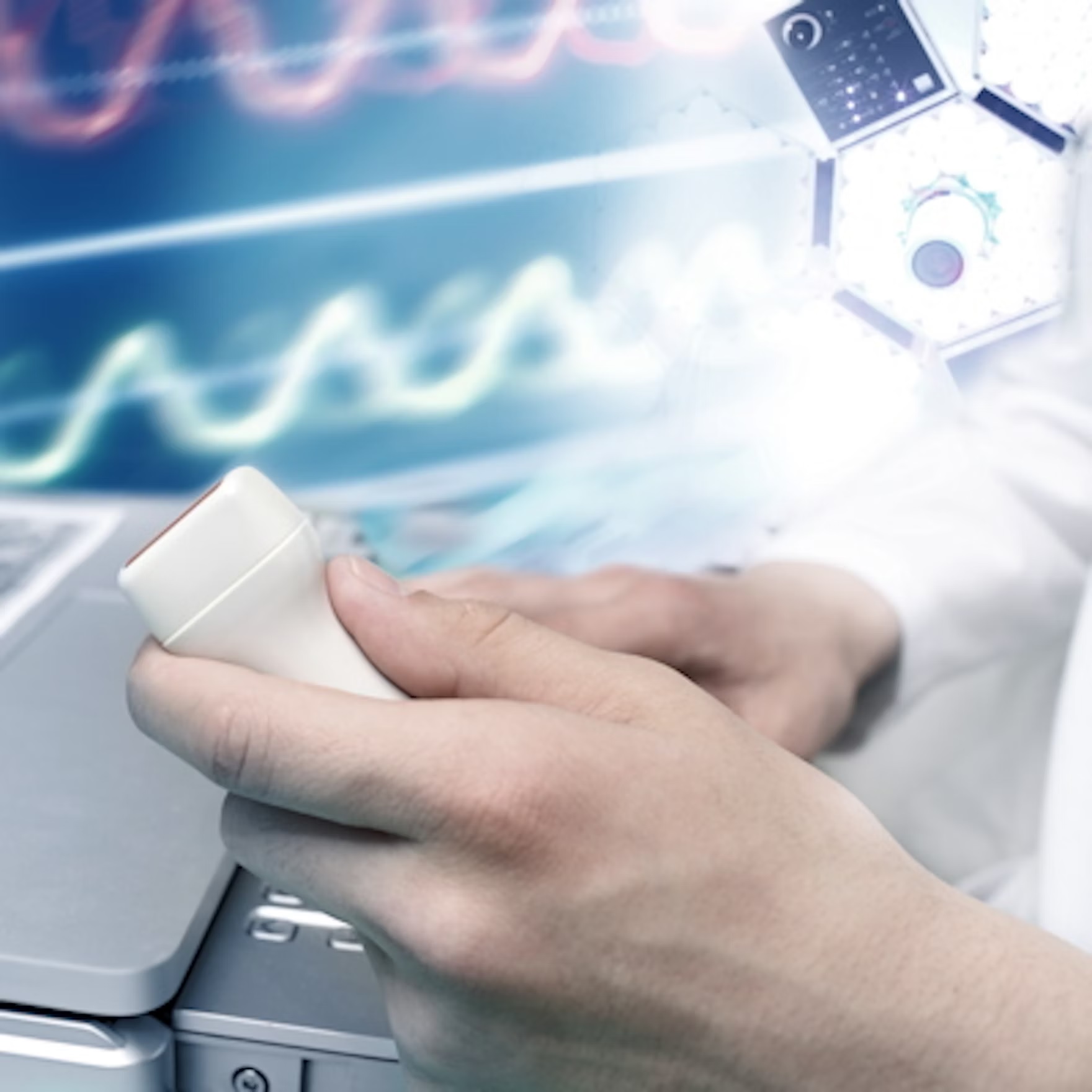 Hand holding white technology device with digital waveforms and data visualization in background