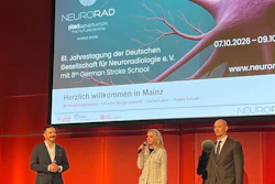 Three speakers presenting at NEURORAD 2026 conference in Mainz, with neurological imagery displayed on screen behind them