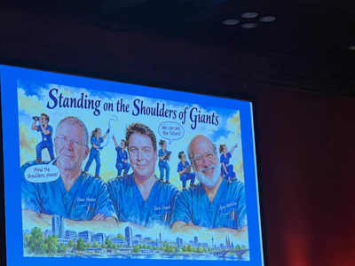 Presentation slide titled 'Standing on the Shoulders of Giants' featuring three professional men in blue uniforms with cityscape backdrop and illustrated figures